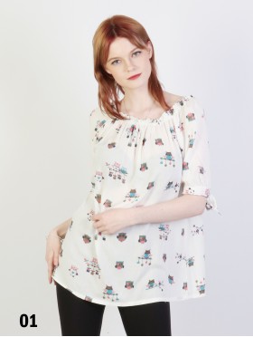 Off The Shoulder Owl Pattern Blouse W/ Ribbon Detail